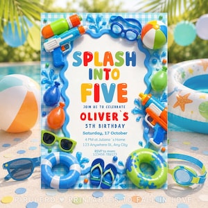 May include: A rectangular birthday invitation card featuring a blue gingham border and pool-themed graphics including water guns, goggles, beach balls, balloons, and flip-flops. The text reads: SPLASH INTO FIVE, JOIN US TO CELEBRATE OLIVER'S 5TH BIRTHDAY.