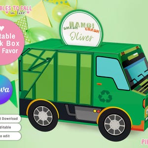 Może przedstawiać: Drukowany szablon pudełka na upominki na przyjęcie z zielonym śmieciarzem z symbolem recyklingu. Pudełko jest oznaczone jako "Edytowalne pudełko na ciężarówkę na upominki na przyjęcie" i zawiera tekst "Bang! Smash Crash Oliver".