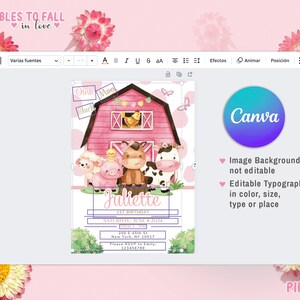 Puede incluir: Una invitaci&oacute;n imprimible rosa y blanca para una fiesta de primer cumplea&ntilde;os con tem&aacute;tica de granja. La invitaci&oacute;n presenta un granero rosa con una vaca, un cerdo y un caballo, y el texto "Pink Moo Gluck" y "Juliette 1er cumplea&ntilde;os".