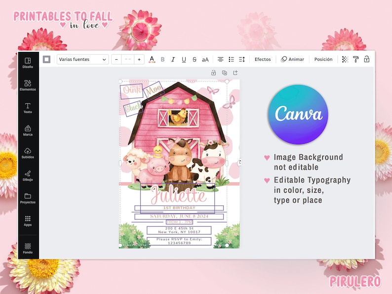 Puede incluir: Una invitaci&oacute;n imprimible rosa y blanca para una fiesta de primer cumplea&ntilde;os con tem&aacute;tica de granja. La invitaci&oacute;n presenta un granero rosa con una vaca, un cerdo y un caballo, y el texto "Pink Moo Gluck" y "Juliette 1er cumplea&ntilde;os".