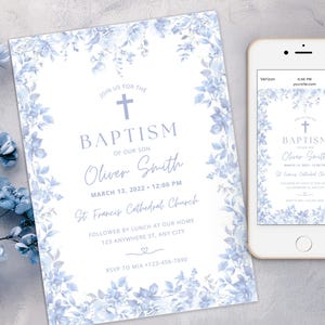 May include: Blue floral baptism invitation with a white background. The invitation includes the text "Join us for the Baptism of our son Oliver Smith, March 13, 2022, 12:00 PM, St. Francis Cathedral Church, Follower by lunch at our home, 123 Anywhere St., Any City, RSVP to Mia 123-456-7890".