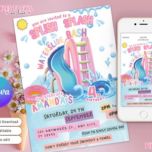 Waterslide Invitation, girl water slide Party Invite, Instant Download Splash Pad Invite Summer Pool Party Splish Splash Bash Water Park