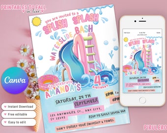 Waterslide Invitation, girl water slide Party Invite, Instant Download Splash Pad Invite Summer Pool Party Splish Splash Bash Water Park