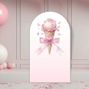Pastel Ice cream Arch Backdrop, Here&#39;s The Scoop summer Decor, Coquette ice cream cone, preppy Dusty pink bow Party Prop Digital Download,