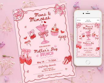 Mothers Day Brunch Hand Drawn Mothers Day Lunch Invitation, Bubbles And Brunch, Mothers Day Dinner Handdrawn Mothers Day Invitation Template