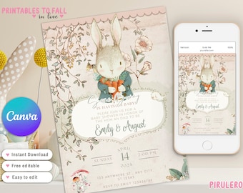 Inbjudan till babyshower med vintagemotiv, inbjudan till babyshower med kanin, inbjudan till babyshower med påskmotiv, inbjudan till babyshower med kaninmotiv Canva-mall