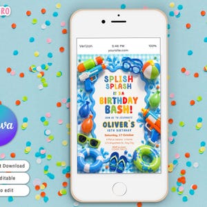 May include: A smartphone displays a colorful birthday invitation with a water theme. The invitation features water guns, beach balls, and the text "SPLISH SPLASH IT'S A BIRTHDAY BASH!" on a blue background. The phone is on a light blue surface with confetti.