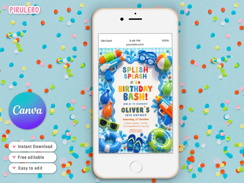 May include: A smartphone displays a colorful birthday invitation with a water theme. The invitation features water guns, beach balls, and the text "SPLISH SPLASH IT'S A BIRTHDAY BASH!" on a blue background. The phone is on a light blue surface with confetti.