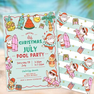 May include: Two invitations with a Christmas in July pool party theme. The invitations feature Santa Claus with surfboards, gifts, and tropical illustrations. The text reads "Christmas in July Pool Party".