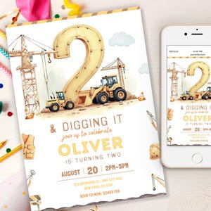May include: A birthday invitation with a construction theme. The design features a large number "2" with construction vehicles and cranes. The invitation includes the text "& Digging It" and details for Oliver's second birthday.