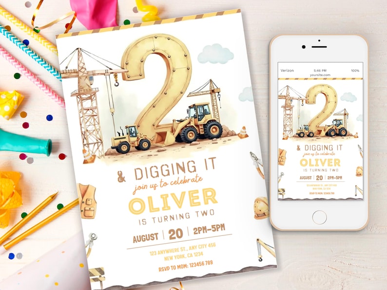 May include: A birthday invitation with a construction theme. The design features a large number "2" with construction vehicles and cranes. The invitation includes the text "& Digging It" and details for Oliver's second birthday.