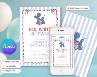 May include: A birthday party invitation with a red, white, and blue theme. The invitation features the text "Red, White & Two" and includes details for Oliver's second birthday party. A smartphone displays the invitation design.