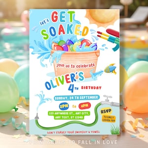 Water Balloon Birthday Invitation, Invite Let's Get Soaked, Water Balloon Birthday Bash, Soaked Water Fight Splash Party DIGITAL Printable