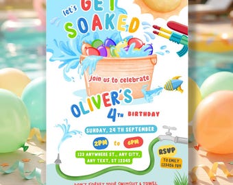 Water Balloon Birthday Invitation, Invite Let's Get Soaked, Water Balloon Birthday Bash, Soaked Water Fight Splash Party DIGITAL Printable