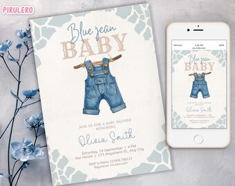 Invitación para baby shower con temática vaquera azul, plantilla para fiesta temática del oeste para niño, invitación para baby shower con tendedero, tarjeta digital con ropa vaquera para bebé para niño