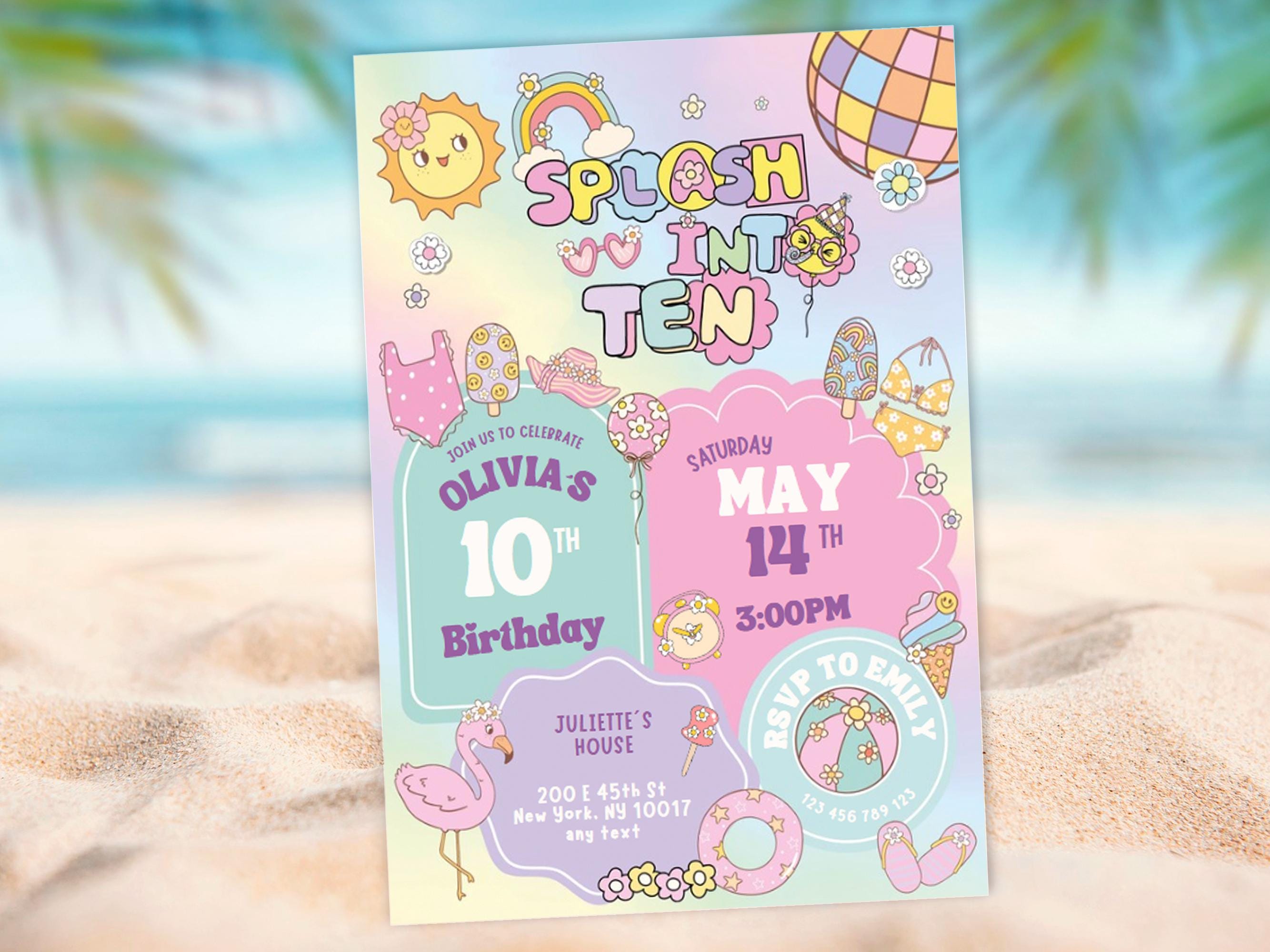 Editable Groovy Splash Into Ten, 10th Birthday Pool Party Invitation ...