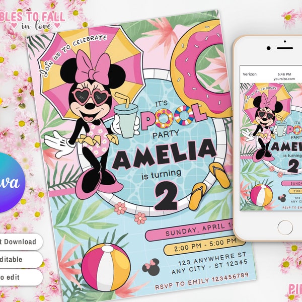 Mouse Birthday Invitation, Minnie Mouse Pool party invite, minnnie Invitation, Groovy Style Pool Summer Vibes spring time,Canva Template