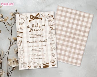 Invitación para baby shower "Un bebé está preparando café", lazo caprichoso dibujado a mano, plantilla editable de Canva, género neutro, invitación de descarga digital.