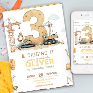 Pode incluir: Um convite de aniversário com tema de construção. O convite apresenta um grande número 3, veículos de construção e o texto "& Digging It" e "Oliver está fazendo três anos". Um smartphone exibe o mesmo design.