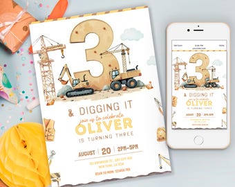 Könnte beinhalten: Eine Geburtstagseinladung mit Baustellen-Thema. Die Einladung zeigt eine große Zahl 3, Baufahrzeuge und den Text "& Digging It" und "Oliver wird drei". Ein Smartphone zeigt das gleiche Design.