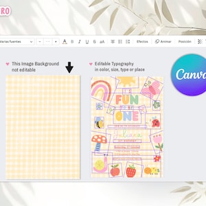 May include: A digital design template for a first birthday invitation. The design features colorful illustrations of a rainbow, bee, mushroom, and fruit. The text includes "FUN to be ONE" and the name "Juliana". The background is a light yellow gingham pattern.