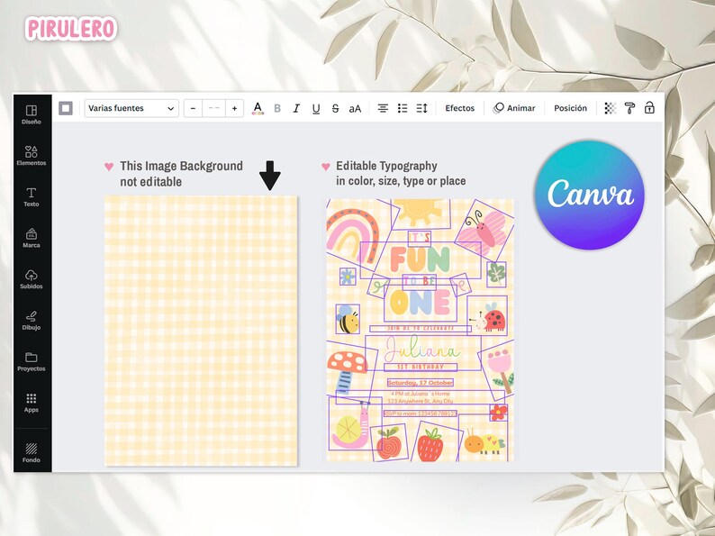 May include: A digital design template for a first birthday invitation. The design features colorful illustrations of a rainbow, bee, mushroom, and fruit. The text includes "FUN to be ONE" and the name "Juliana". The background is a light yellow gingham pattern.