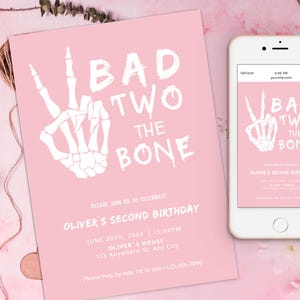 Bad Two the Bone 2nd Birthday girl Invitation Template, Fall Halloween Second Birthday, Editable Invite Skeleton Peace Hand, pink halloween