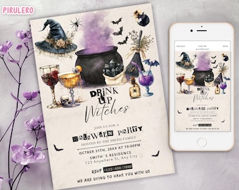 Può includere: Invito per una festa di Halloween con illustrazioni ad acquerello di un cappello da strega, un calderone, cocktail e pipistrelli. Il testo dell'invito recita "Drink Up Witches" e include i dettagli della festa.