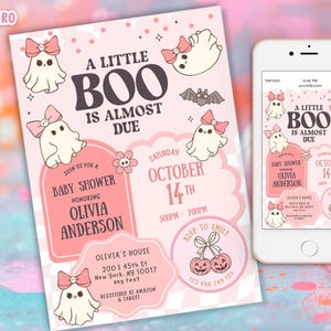 May include: Pink baby shower invitation with ghost illustrations and the text "A Little Boo Is Almost Due." The invitation includes details for Olivia Anderson's baby shower on October 14th, with a matching design on a smartphone.