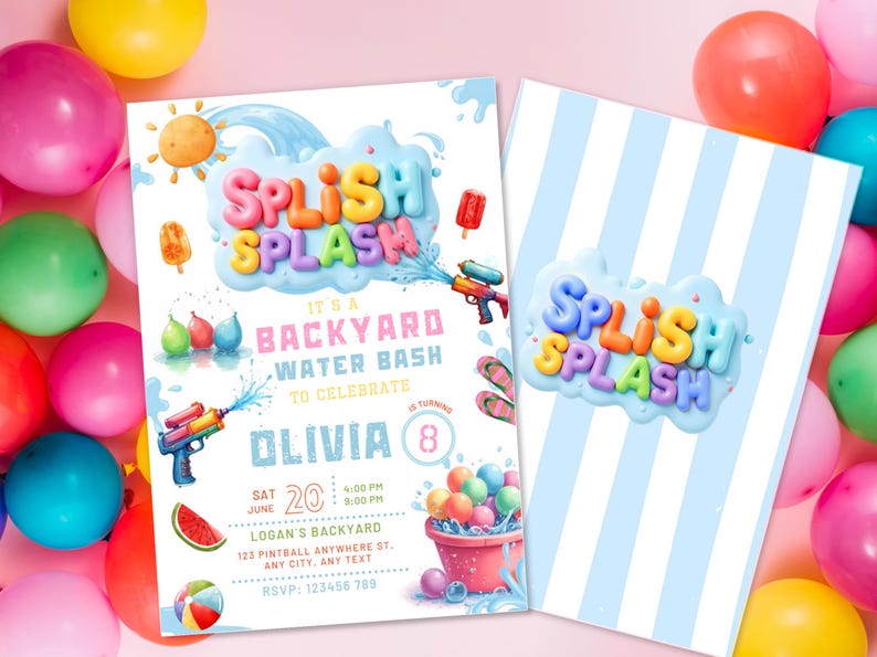 Puede incluir: Dos invitaciones para una fiesta acu&aacute;tica en el jard&iacute;n. La invitaci&oacute;n principal presenta las palabras "Splish Splash" en letras de burbujas coloridas, pistolas de agua y una rodaja de sand&iacute;a. La segunda invitaci&oacute;n tiene un fondo a rayas azul claro y las palabras "Splish Splash".