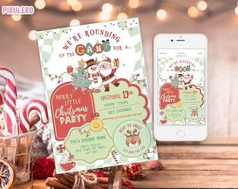 May include: A Christmas party invitation with the text "We're rounding up the gang for a..." and "Merry Little Christmas Party." The invitation features illustrations of Santa Claus, a snowman, and a Christmas tree. A smartphone displays the same invitation.