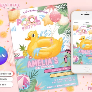 May include: Printable invitation for a pool party with a yellow rubber ducky and the text "It's a Pool Party Bash!" and "Amelia's 6th Birthday". The invitation has a tropical theme with palm leaves and pineapples.