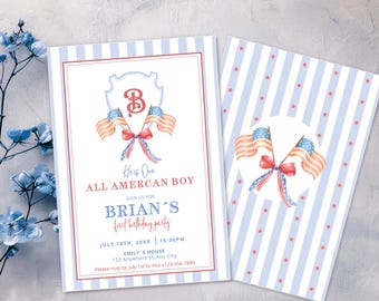ONE All American Boy 4th of July Birthday Invitation for Boy 1st Birthday Fourth july Red White and Blue First Birthday invite American Flag