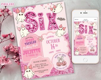 Invitation 6e anniversaire fille, fête de paillettes et de paillettes, fille ROSE Halloween preppy SIX anniversaire Invitation modèle sur toile Téléchargement immédiat