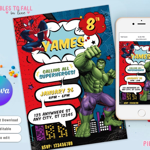 Invitation d'anniversaire de Spiderman et Hulk, invitation d'anniversaire de spider-man, invitation sur toile modifiable, invitation de fête de super-héros, invitation d'Avengers Hulk