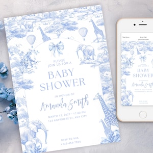 Blue Toile Safari Baby Shower Invitation, Safari Animal Baby Boy Shower Digital Invite Dusty Blue Safari Toile de Jouy Baby Shower Invite 03