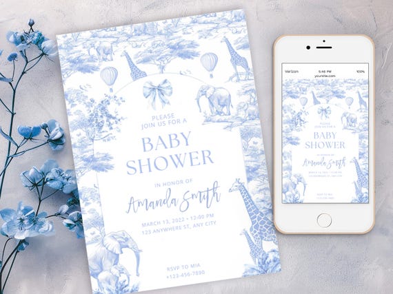 Blue Toile Safari Baby Shower Invitation, Safari Animal Baby Boy Shower Digital Invite Dusty Blue Safari Toile de Jouy Baby Shower Invite 03