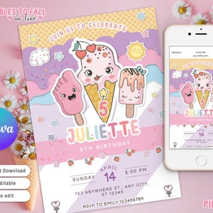 Eis-Geburtstags-Party Einladung für jedes Alter, Eis kawaii Mädchen Party einladen, rosa blau lila, Mädchen Geburtstag bearbeitbare Canva Vorlage
