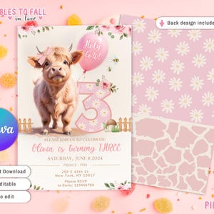 Heilige koe 3e verjaardagsuitnodiging, Highland Cow thema verjaardagsuitnodiging, bewerkbare Moo Moo I&#39;m Three Holy Cow Girl 3e verjaardag, koe thema verjaardag