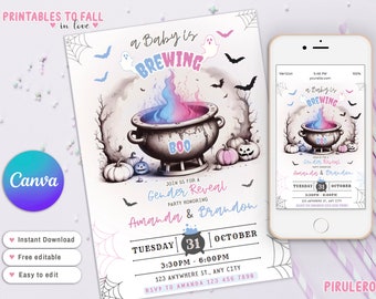 A Baby is Brewing Baby, Halloween Gender Reveal uitnodiging doucheuitnodiging hij of zij, jongen of meisje, roze r blauw, uitnodiging voor Halloween-feestje