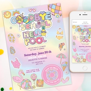 Invitación para fiesta de fin de curso, fiesta de fin de curso, fiesta de verano en la piscina, invitación para fiesta en la piscina, Hola verano, plantilla editable de Canva
