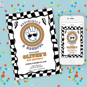 May include: A birthday invitation with a retro design, featuring the text "Officially a Handful" and "Oliver's 5th Birthday." The invitation is accompanied by a smartphone displaying the same design. The background is light blue with colorful confetti.