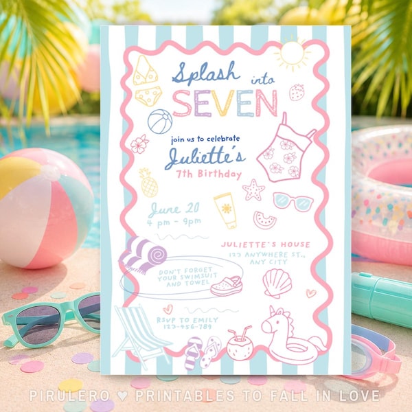 Splash Into Seven invitation, 7th Birthday Pool Party Invite Summer Splish Splash Girly Pool Party doodle hand drawn Instant Download SI7HD