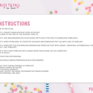 May include: A white card with pink text that reads "Instructions" and details on how to use files, including creating a Canva account and editing templates. The card is decorated with pink hearts and colorful confetti.
