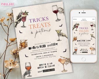 Witch Martini Halloween Party Invitation: Tricks, Treats & Potions (Canva Template)