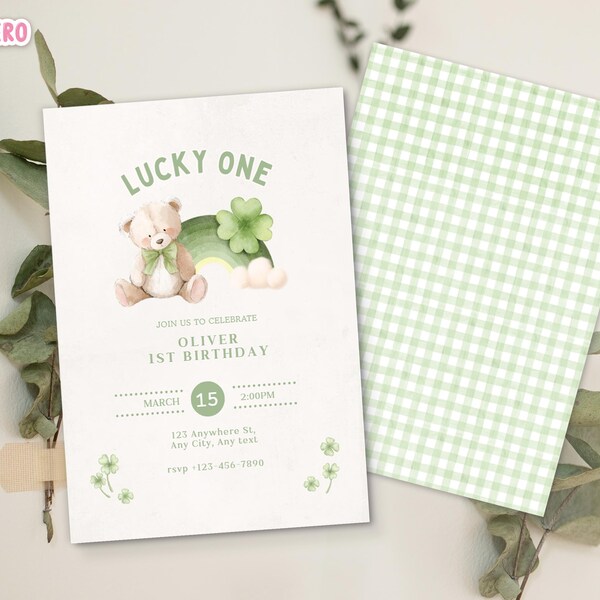 Lucky One First Birthday Invitation, gingham boy First Birthday Invite, Green 1st Birthday Invite, St Patrick’s Bear vintage Lucky Charm