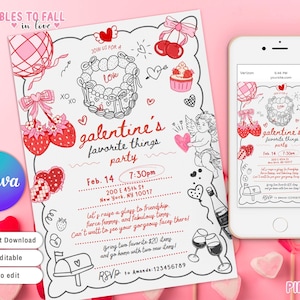 Valentines Day Party Invitation, Favorite Things Party Invite, galentine day, Galentine&#39;s Party Brunch Doodle Hand Drawn Cupid Coquette