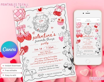 Valentines Day Party Invitation, Favorite Things Party Invite, galentine day, Galentine's Party Brunch Doodle Hand Drawn Cupid Coquette