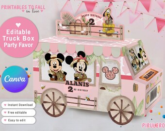 Mouse safari pink Party printable favor box, truck party favors pink minnie safari treat box  Editable Canva template, mouse Candy Treat Box