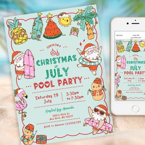 May include: A light blue invitation for a Christmas in July pool party, featuring cartoon illustrations of Santa Claus, surfboards, and tropical elements. The invitation includes event details and is displayed next to a smartphone with a matching design.